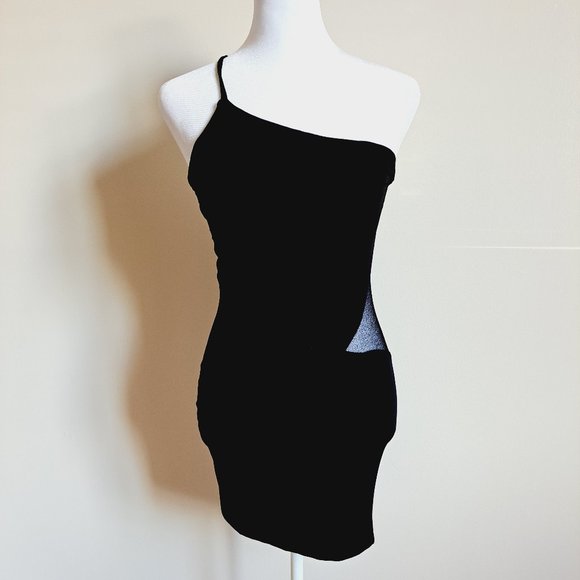 Alberta Ferretti Dresses & Skirts - Alberta Ferretti Black One-Shoulder Asymmetrical Mesh Bodycon Dress Size XS